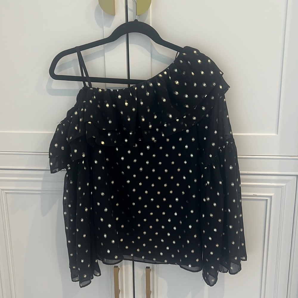 Parker Off the shoulder, long sleeve black blouse with gold polkadots